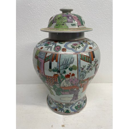 GRANDE VASO CINESE PORCELLANA DECORO POLICROMO FAMILLE ROSE h 41 cm '900 FIGURE