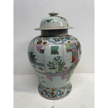 GRANDE VASO CINESE PORCELLANA DECORO POLICROMO FAMILLE ROSE h 41 cm '900 FIGURE