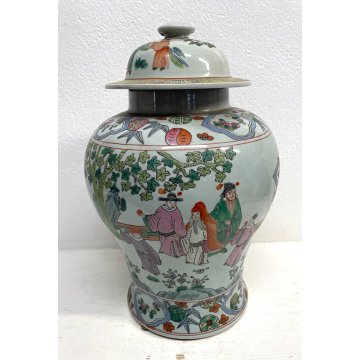 GRANDE VASO CINESE PORCELLANA DECORO POLICROMO FAMILLE ROSE h 41 cm '900 FIGURE