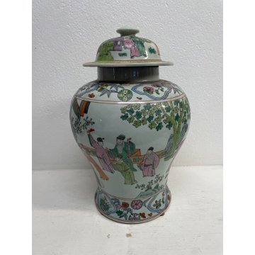 GRANDE VASO CINESE PORCELLANA DECORO POLICROMO FAMILLE ROSE h 41 cm '900 FIGURE