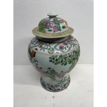 GRANDE VASO CINESE PORCELLANA DECORO POLICROMO FAMILLE ROSE h 41 cm '900 FIGURE