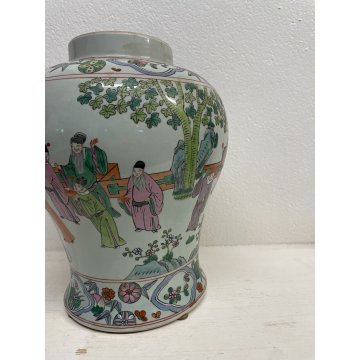 GRANDE VASO CINESE PORCELLANA DECORO POLICROMO FAMILLE ROSE h 41 cm '900 FIGURE