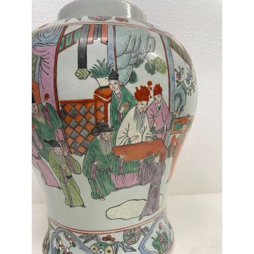 GRANDE VASO CINESE PORCELLANA DECORO POLICROMO FAMILLE ROSE h 41 cm '900 FIGURE