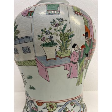 GRANDE VASO CINESE PORCELLANA DECORO POLICROMO FAMILLE ROSE h 41 cm '900 FIGURE