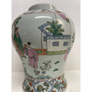 GRANDE VASO CINESE PORCELLANA DECORO POLICROMO FAMILLE ROSE h 41 cm '900 FIGURE