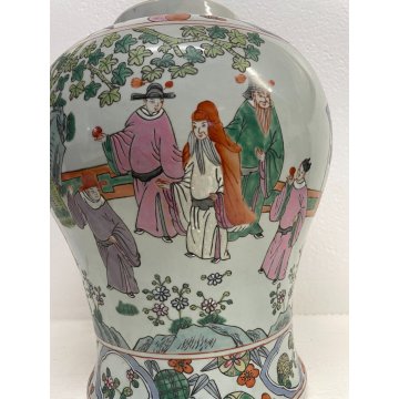 GRANDE VASO CINESE PORCELLANA DECORO POLICROMO FAMILLE ROSE h 41 cm '900 FIGURE