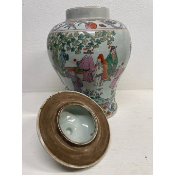 GRANDE VASO CINESE PORCELLANA DECORO POLICROMO FAMILLE ROSE h 41 cm '900 FIGURE