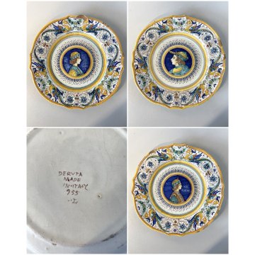 LOTTO 3 PIATTO PARETE MAIOLICA Deruta "Ex Animo" DECORO DAMA CAVALIERE ø 24,5 cm