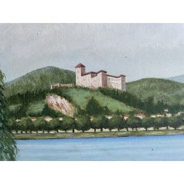 GRANDE QUADRO DIPINTO OLIO PAESAGGIO LAGO MAGGIORE CASTELLO ANGERA ARONA '66