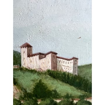 GRANDE QUADRO DIPINTO OLIO PAESAGGIO LAGO MAGGIORE CASTELLO ANGERA ARONA '66