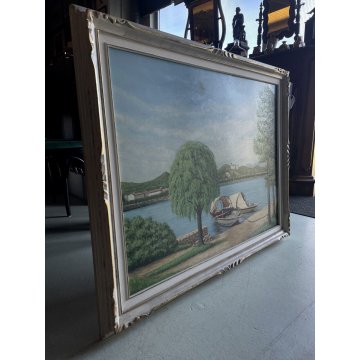 GRANDE QUADRO DIPINTO OLIO PAESAGGIO LAGO MAGGIORE CASTELLO ANGERA ARONA '66