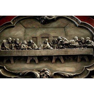 QUADRO ICONA OVALE BASSORILIEVO PELTRO CORNICE LEGNO GESU' ULTIMA CENA RELIGIOSO