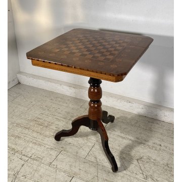 ANTICO TAVOLINO DIROLO SCACCHI LEGNO NOCE INTARSIATO 1800 SCACCHIERA SMALL TABLE