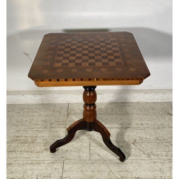 ANTICO TAVOLINO DIROLO SCACCHI LEGNO NOCE INTARSIATO 1800 SCACCHIERA SMALL TABLE