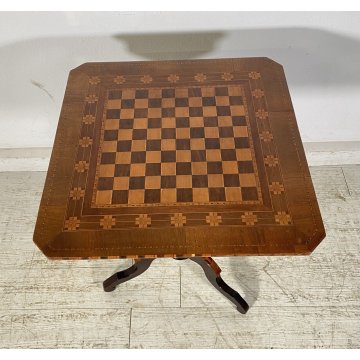 ANTICO TAVOLINO DIROLO SCACCHI LEGNO NOCE INTARSIATO 1800 SCACCHIERA SMALL TABLE