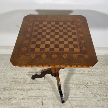 ANTICO TAVOLINO DIROLO SCACCHI LEGNO NOCE INTARSIATO 1800 SCACCHIERA SMALL TABLE