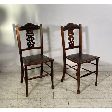 ANTICA COPPIA SEDIE STILE Art Nouveau LEGNO NOCE CUOIO PRIMI 1900 CHAIR EPOCA