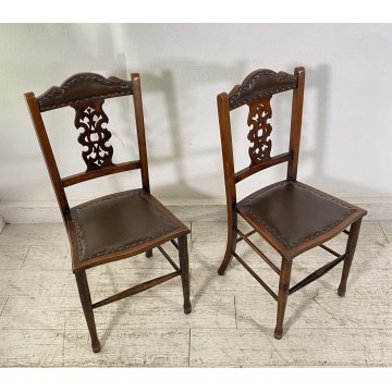 ANTICA COPPIA SEDIE STILE Art Nouveau LEGNO NOCE CUOIO PRIMI 1900 CHAIR EPOCA