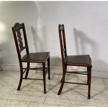 ANTICA COPPIA SEDIE STILE Art Nouveau LEGNO NOCE CUOIO PRIMI 1900 CHAIR EPOCA