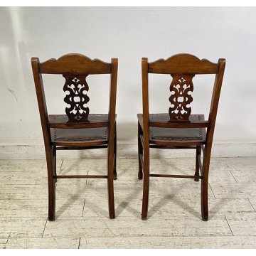 ANTICA COPPIA SEDIE STILE Art Nouveau LEGNO NOCE CUOIO PRIMI 1900 CHAIR EPOCA