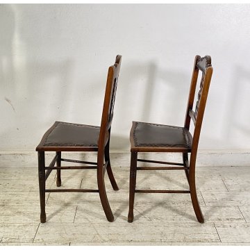 ANTICA COPPIA SEDIE STILE Art Nouveau LEGNO NOCE CUOIO PRIMI 1900 CHAIR EPOCA