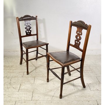 ANTICA COPPIA SEDIE STILE Art Nouveau LEGNO NOCE CUOIO PRIMI 1900 CHAIR EPOCA