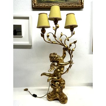 GRANDE LAMPADA TAVOLO LEGNO GESSATO FOGLIA ORO RAMAGE 3 LUMI 90CM/h EPOCA '900