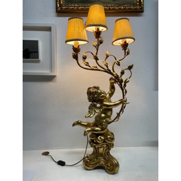 GRANDE LAMPADA TAVOLO LEGNO GESSATO FOGLIA ORO RAMAGE 3 LUMI 90CM/h EPOCA '900