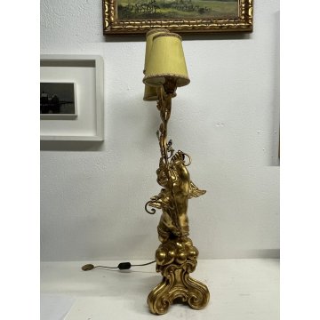 GRANDE LAMPADA TAVOLO LEGNO GESSATO FOGLIA ORO RAMAGE 3 LUMI 90CM/h EPOCA '900