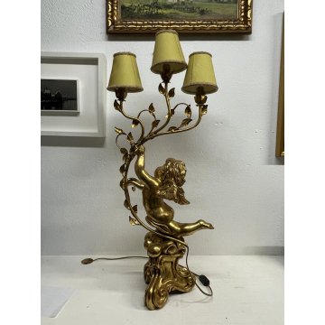 GRANDE LAMPADA TAVOLO LEGNO GESSATO FOGLIA ORO RAMAGE 3 LUMI 90CM/h EPOCA '900