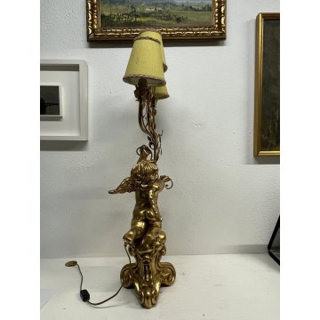 GRANDE LAMPADA TAVOLO LEGNO GESSATO FOGLIA ORO RAMAGE 3 LUMI 90CM/h EPOCA '900