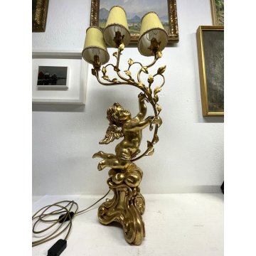 GRANDE LAMPADA TAVOLO LEGNO GESSATO FOGLIA ORO RAMAGE 3 LUMI 90CM/h EPOCA '900