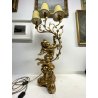 GRANDE LAMPADA TAVOLO LEGNO GESSATO FOGLIA ORO RAMAGE 3 LUMI 90CM/h EPOCA '900