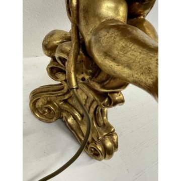 GRANDE LAMPADA TAVOLO LEGNO GESSATO FOGLIA ORO RAMAGE 3 LUMI 90CM/h EPOCA '900