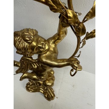 GRANDE LAMPADA TAVOLO LEGNO GESSATO FOGLIA ORO RAMAGE 3 LUMI 90CM/h EPOCA '900