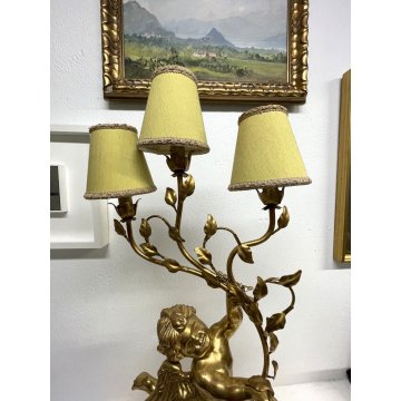 GRANDE LAMPADA TAVOLO LEGNO GESSATO FOGLIA ORO RAMAGE 3 LUMI 90CM/h EPOCA '900