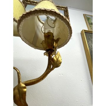 GRANDE LAMPADA TAVOLO LEGNO GESSATO FOGLIA ORO RAMAGE 3 LUMI 90CM/h EPOCA '900