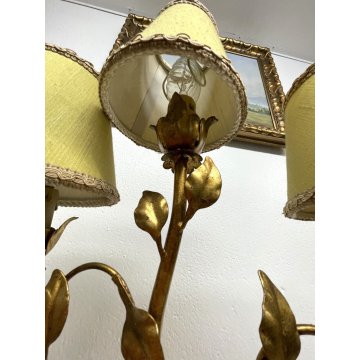 GRANDE LAMPADA TAVOLO LEGNO GESSATO FOGLIA ORO RAMAGE 3 LUMI 90CM/h EPOCA '900