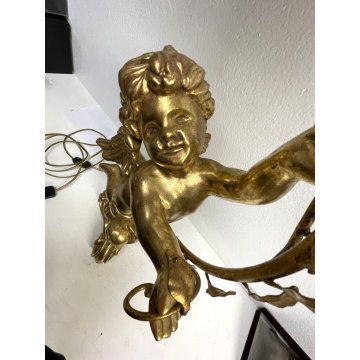 GRANDE LAMPADA TAVOLO LEGNO GESSATO FOGLIA ORO RAMAGE 3 LUMI 90CM/h EPOCA '900