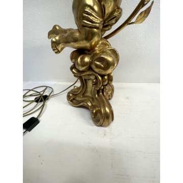 GRANDE LAMPADA TAVOLO LEGNO GESSATO FOGLIA ORO RAMAGE 3 LUMI 90CM/h EPOCA '900