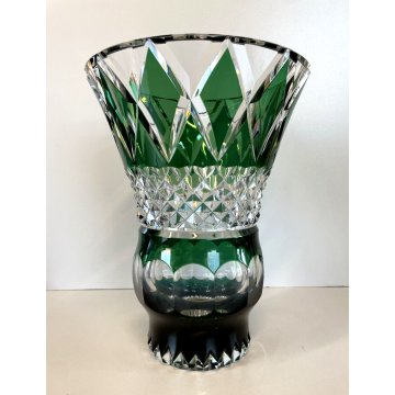 GRANDE VASO CRISTALLO Val St Lambert MOLATO VERDE SMERALDO CUT TO CLEAR 25 cm/h