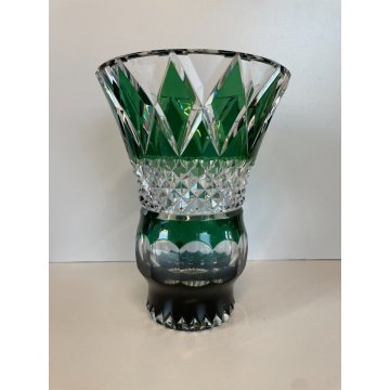 GRANDE VASO CRISTALLO Val St Lambert MOLATO VERDE SMERALDO CUT TO CLEAR 25 cm/h