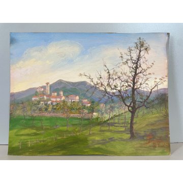 ANTICO PICCOLO DIPINTO OLIO CARTONE N. Laurenti PAESAGGIO COLLINE LAGO ORTA '36