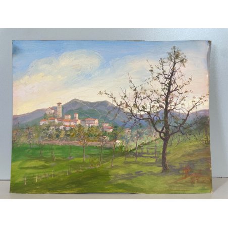 ANTICO PICCOLO DIPINTO OLIO CARTONE N. Laurenti PAESAGGIO COLLINE LAGO ORTA '36