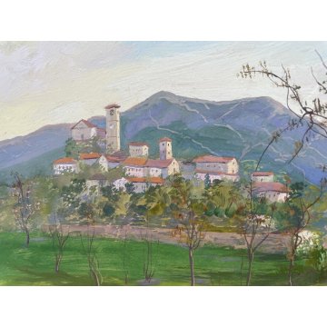 ANTICO PICCOLO DIPINTO OLIO CARTONE N. Laurenti PAESAGGIO COLLINE LAGO ORTA '36