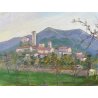 ANTICO PICCOLO DIPINTO OLIO CARTONE N. Laurenti PAESAGGIO COLLINE LAGO ORTA '36