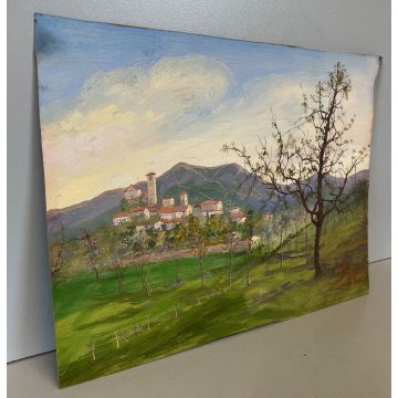 ANTICO PICCOLO DIPINTO OLIO CARTONE N. Laurenti PAESAGGIO COLLINE LAGO ORTA '36