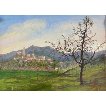 ANTICO PICCOLO DIPINTO OLIO CARTONE N. Laurenti PAESAGGIO COLLINE LAGO ORTA '36