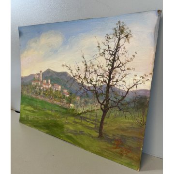 ANTICO PICCOLO DIPINTO OLIO CARTONE N. Laurenti PAESAGGIO COLLINE LAGO ORTA '36