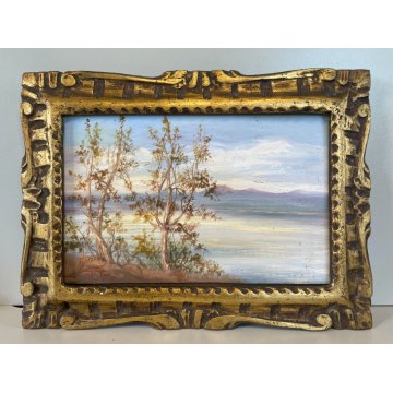 ANTICO PICCOLO DIPINTO OLIO TEMPERA N. Laurenti PAESAGGIO COLLINARE LAGO 1930